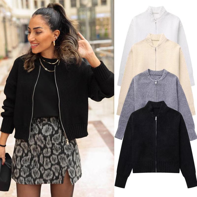 Veste bombardier en tricot à fermeture éclair pour femme, pull, cardigan, couleur unie, ample, décontracté, printemps-automne, streetwear Y2K
