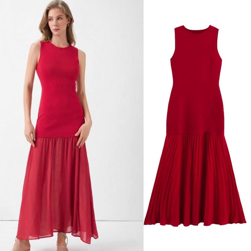 Robe longue d'été sans manches pour femmes, rouge uni, taille haute plissée, col rond, coupe cintrée, robe de vacances décontractée