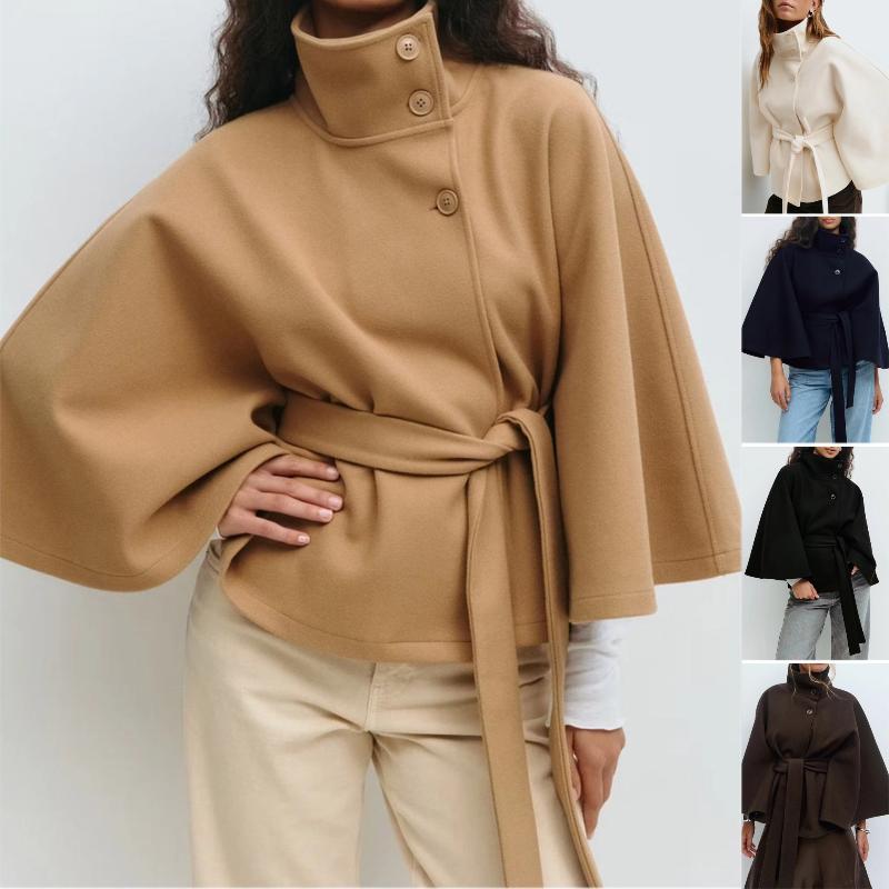 Womens Stand High Collar Wool Blend Short Coat Asymmetric Single Breasted Button Placket Self Fabric Waist Tie Belt Batwing Wide Dolman Sleeve Relax