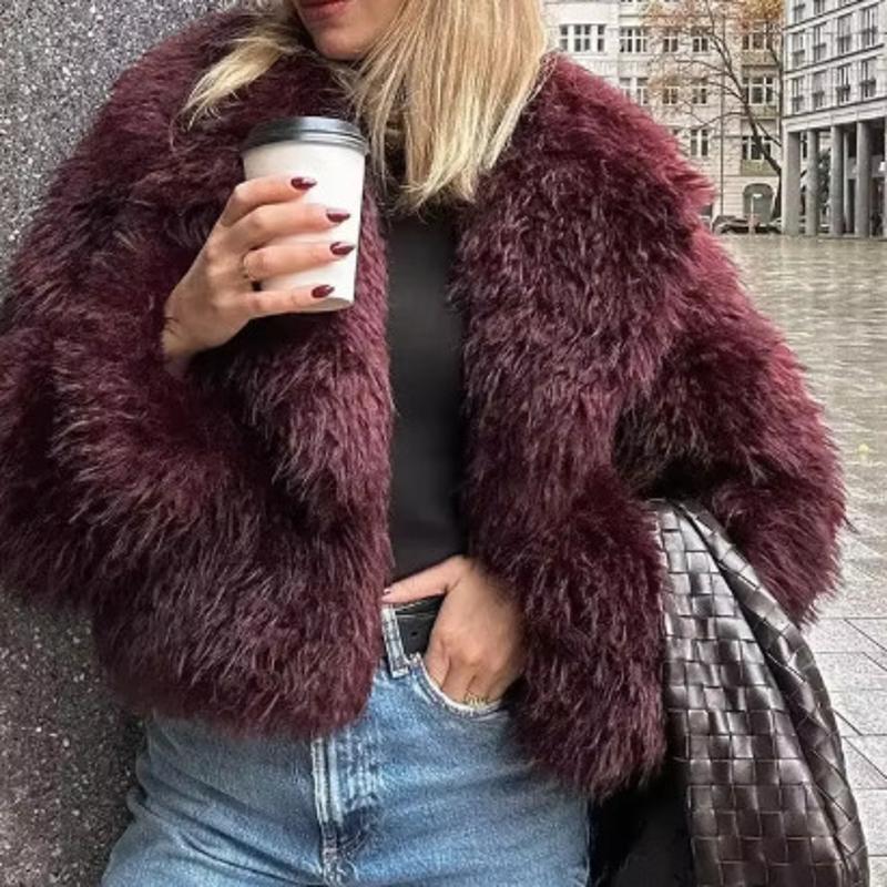 Mode femmes bordeaux fausse fourrure manteau court hiver revers Streetwear Chic polyvalent chaud veste d'extérieur