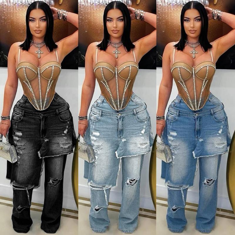 Jean à jambes droites de styliste pour femmes, pantalon en Denim ample déchiré et épissé en détresse, Streetwear de haute qualité, automne hiver