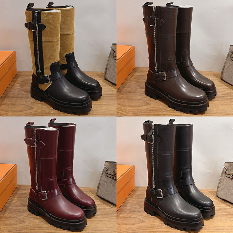Designer Nirvana Boot Women Luxury Boots Made Of Genuine Leather Mid Top Boots With Double Belt Buckles Side Zippers Thick Teeth Thick Soles Western