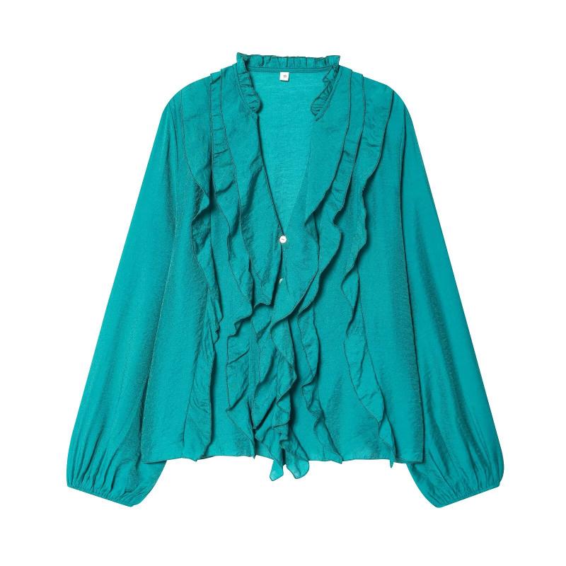 Ladies Semi Sheer Frill Polka Dot Blouse V Shaped Ruffle Neckline Vertical Button Placket Cascading Front Ruffle Panels Elastic Bubble Cuff Long Sle