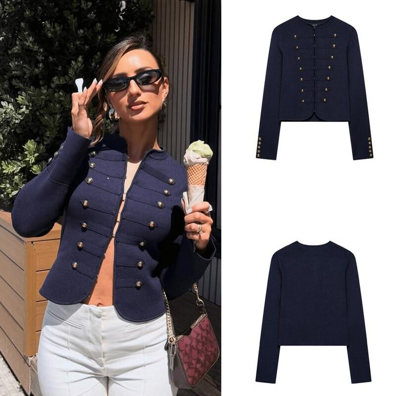 Women Vintage Double Breasted Knit Cardigan Autumn Elegant Long Sleeve Round Neck Loose Sweater Jacket Navy