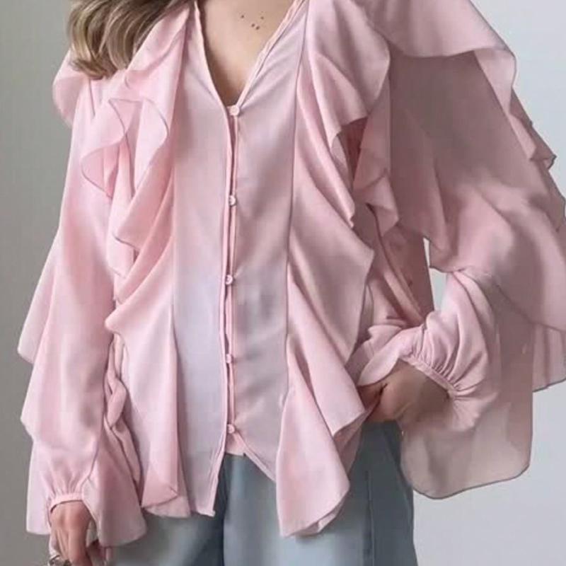 Designer Spring Autumn New Multi-Color Simple Layered Decor V-Neck Pullover Blouse Shirt Casual Loose Top