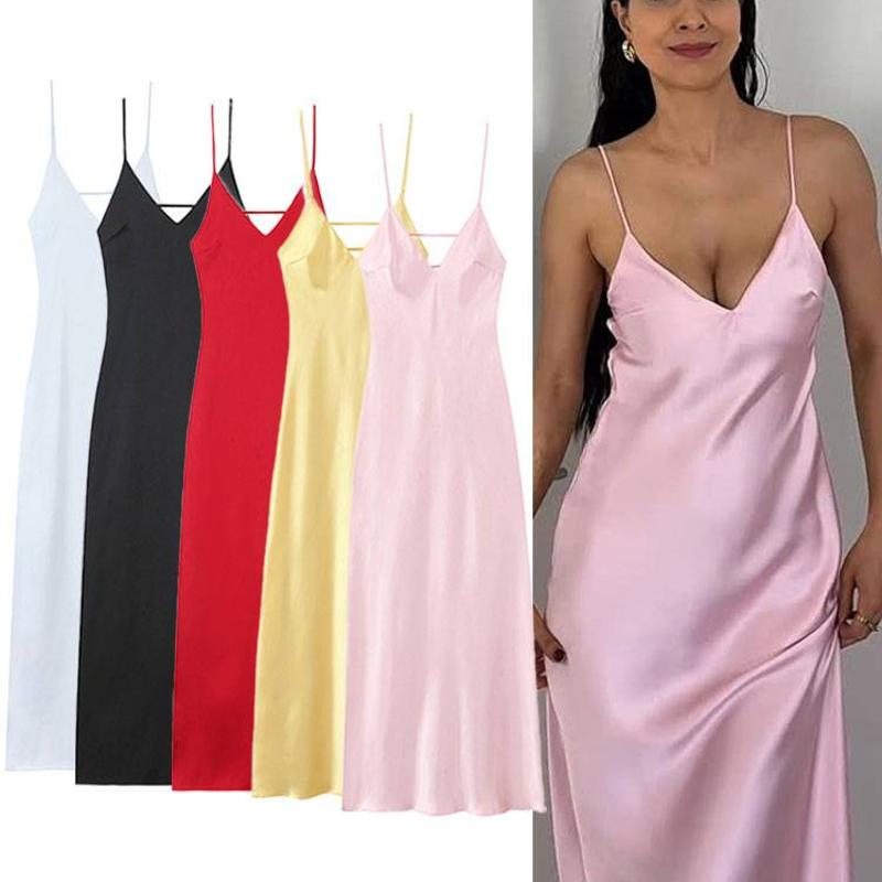 Women's Sexy Backless Satin Slip Dress by Designer, V-neck High-waisted A-line Sleeveless Solid Color, Spring Style for Parties and Streetwe