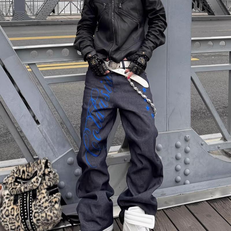 Designer di alta qualità uomo donna jeans a gamba larga neri lavati lettera ricamo pantaloni larghi in denim dritto streetwear pantaloni casual S-XX
