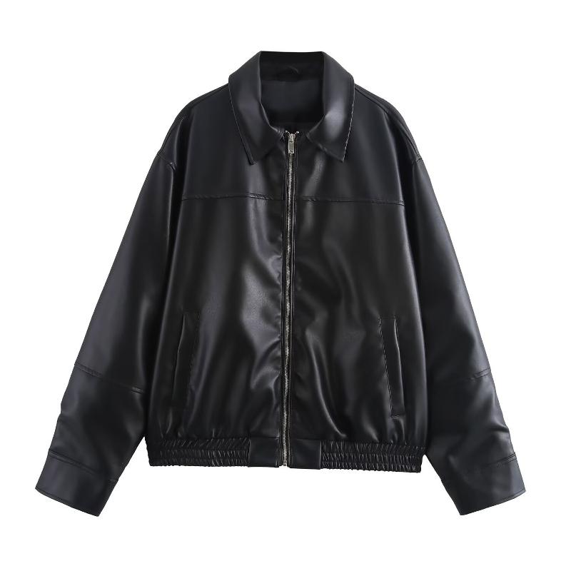 Veste en cuir PU style bombardier pour femme, col pointu, fermeture éclair en métal, coutures cousues sur le devant, poches latérales, ourlet fro