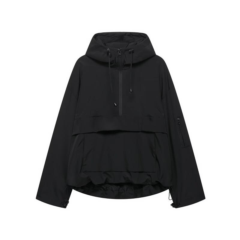Womens Anorak Style Hooded Outerwear Half Length Front Zipper Large Integrated Front Pocket Single Sleeve Zip Pocket Drawcord Bottom Edge Long Sleev
