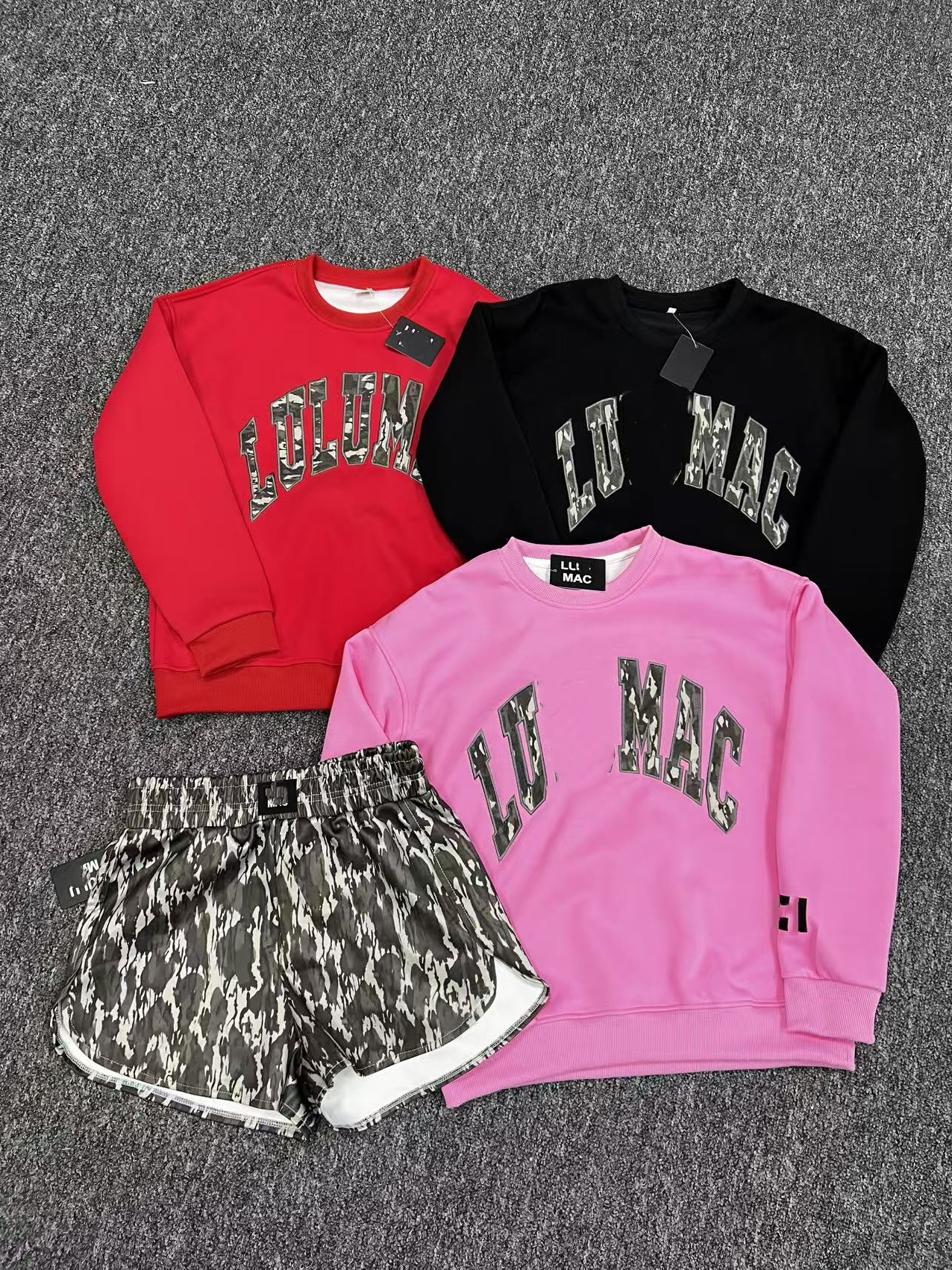 L6739 MAC Ensemble sweat-shirt et short brodé de lettres tie-dye de style américain pour femmes, ensemble deux pièces ample et décontracté pour l