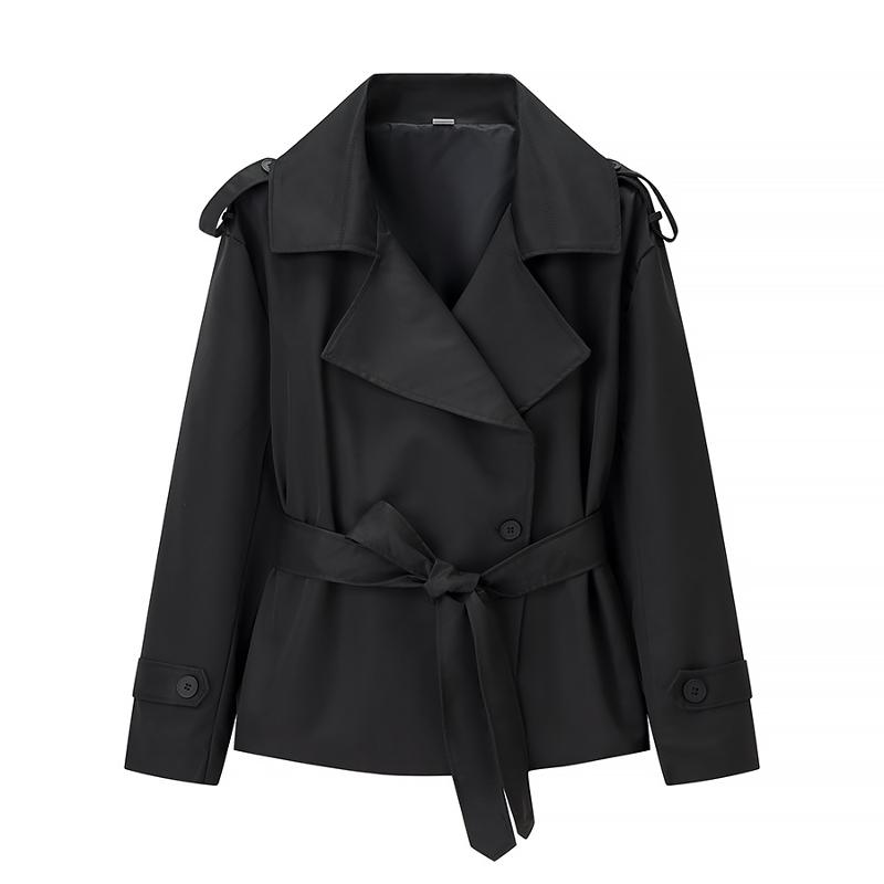 Womens Lined Short Trench Coat Peak Lapel Double Breasted Placket Self Waist Belt Shoulder Epaulet Accents Cuff Button Tab Long Sleeve Trench Coa