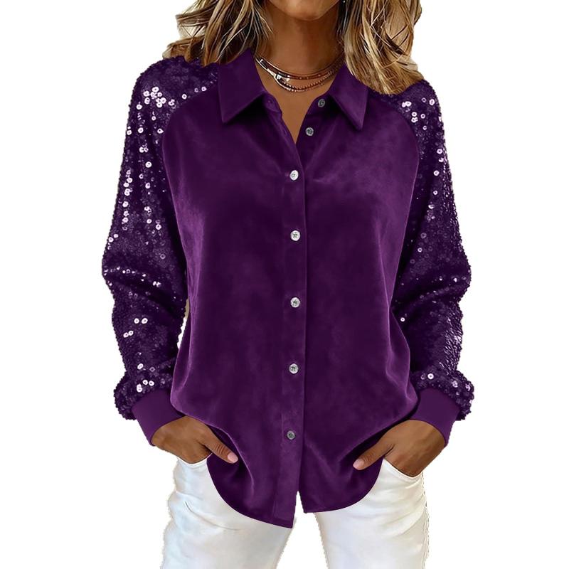 Womens Velvet Front Sequin Raglan Sleeve Blouse Pointed Collar Vertical Button Placket Solid Fabric Cuff Relaxed Silhouette Long Sleeve Shirt