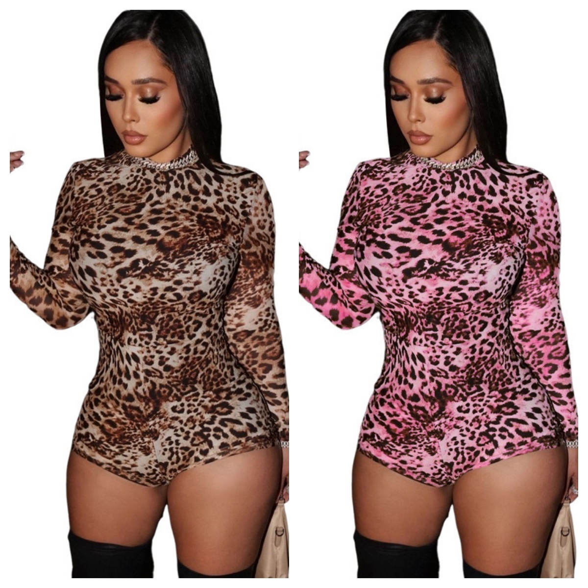 Womens Jumpsuit Rompers For Spring Autumn New Fashion Sexy Mesh Leopard Print High Waist Slim Fit Bodycon Jumpsuits