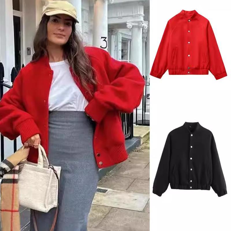 Women's Designer Red Woolen Baseball Jacket, Solid Color Single-breasted Long Sleeve, Street Style Regular Fit for Spring and Autumn
