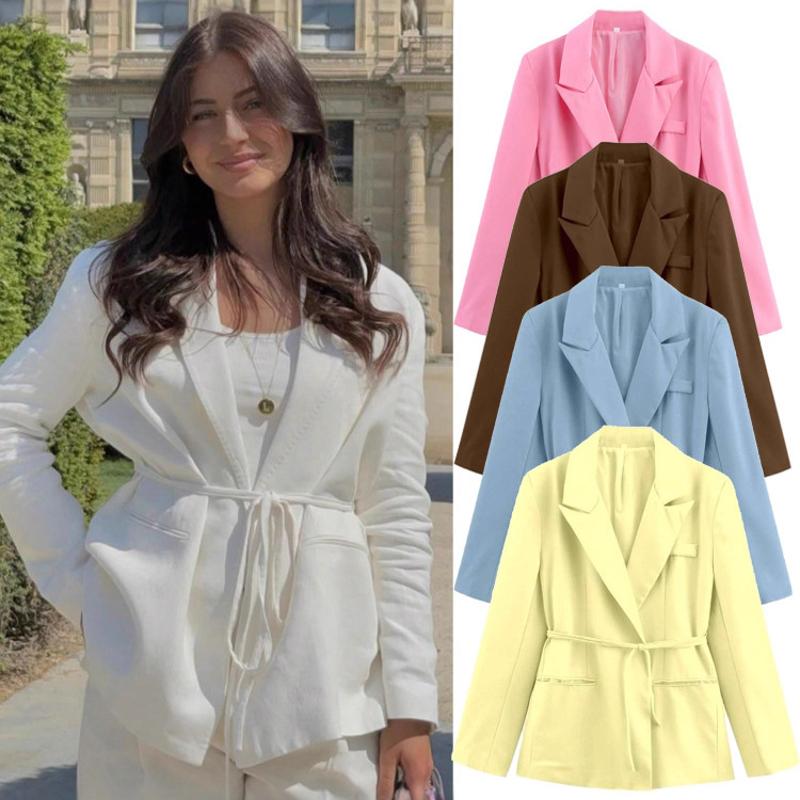 Veste Blazer en mélange de lin pour femmes, manteau de printemps décontracté, couleur unie, à lacets, Style européen et américain, XS-L