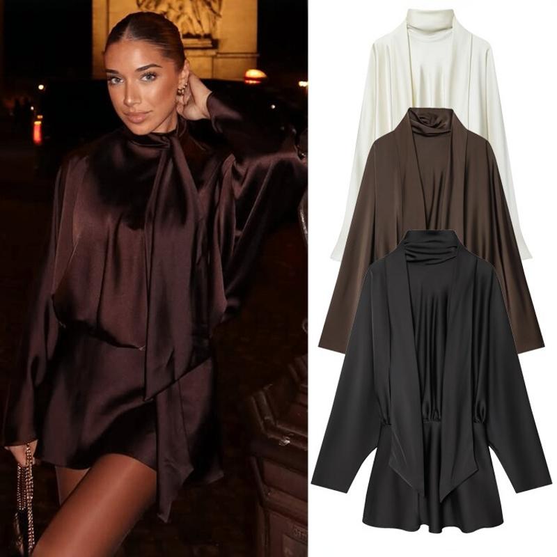 Mini robe en Satin pour femmes, col écharpe, manches longues, coupe cintrée, couleur unie, plissée, élégante, robe courte de Cocktail