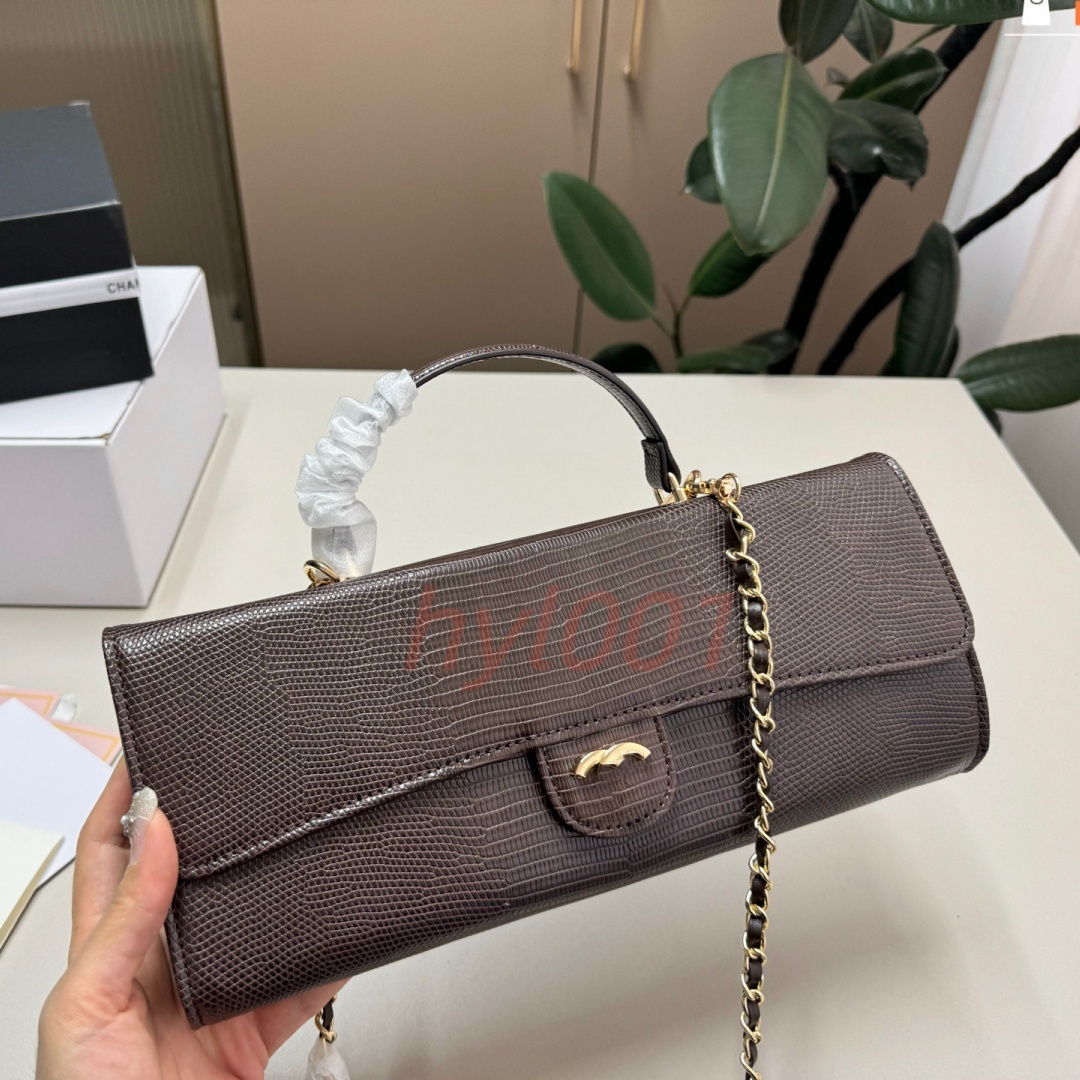 Luxury Designer Lizard Embossed Leather Clutch Bags Women Classic Top Handle Shoulder Bag Gold Metal Chain Flap Evening Purse Long Wallet Card Holde
