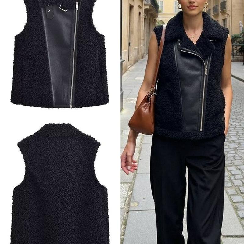 Women's Faux Fur Fleece Vest Zip Up Lapel Solid Black Winter Warm Streetwear Casual Outerwear 2026 New