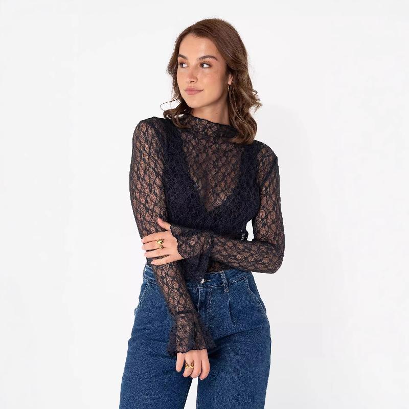 Designer Women Mesh Long Sleeve Lace Trim Base Shirt Slim Fit Stretch Sexy Sheer Top Blouse Summer Clothes Tops