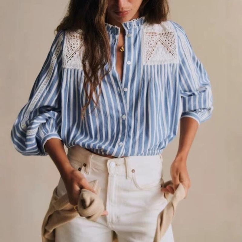 Chemise française en coton à rayures pour femmes, manches longues, garniture en dentelle, col montant, chemisier Slim Fit, haut décontracté, prin