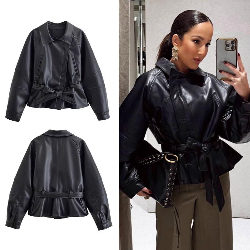 Veste courte ceinturée en similicuir pour femme, vêtement d'extérieur d'automne avec fermeture éclair à revers et manches longues