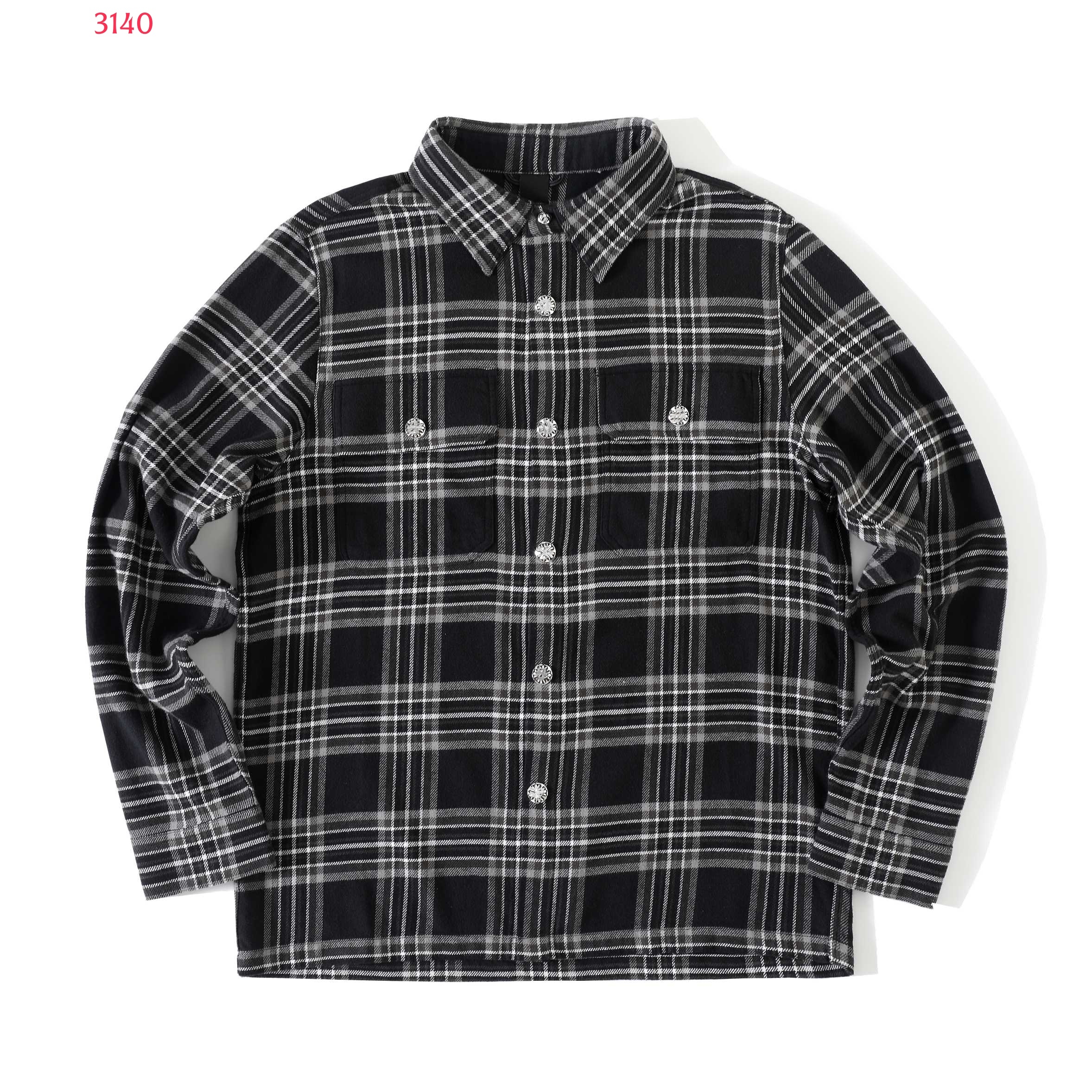 2026 Autumn Chromi Designer Black Grey Plaid Flannel Shirt 100 Cotton Double Pocket Loose Drop Shoulder Workwear Shirt Casual Long Sleeve Top