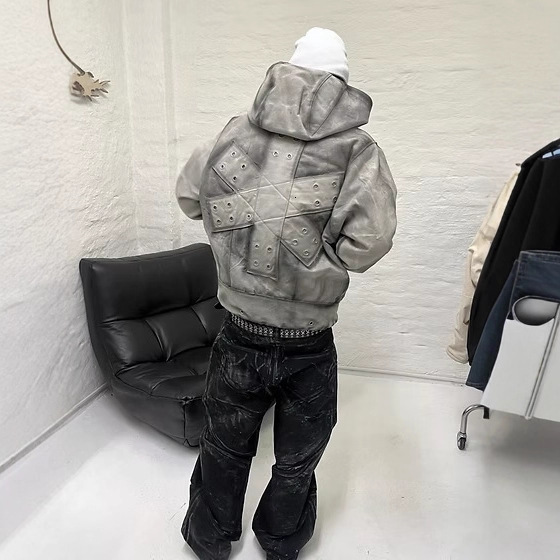 Designer Hooded Jacket Luxury Vintage Washed Grey Zip Hoodie Back Cross Rivet Geometric Patchwork Coat Dark Street Hip Hop Oversized Youth Unisex Ca