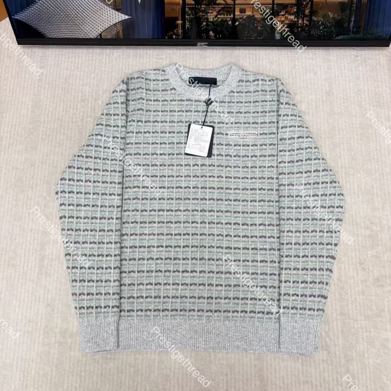 Light Gray-Green Plaid Jacquard Crew Neck Knit Sweater Designer High-Quality Men's Sweaters with Jacquard Embroidered Logo Unisex Casual Sweate