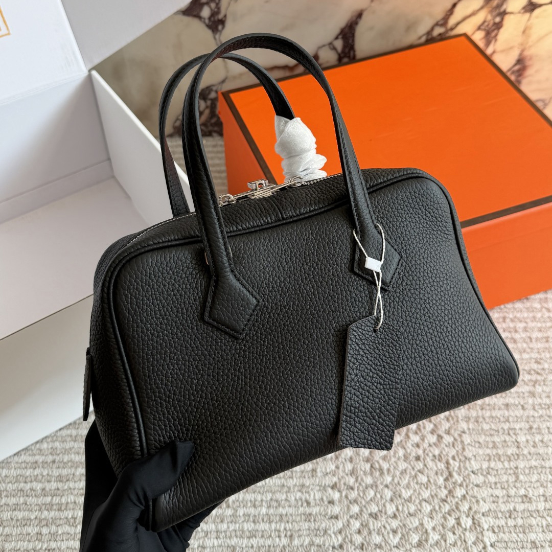 Women Pebbled Leather Boston Handbag Double Top Handle Zipper Closure Pillow Bag Solid Black Commuter Handheld Purse