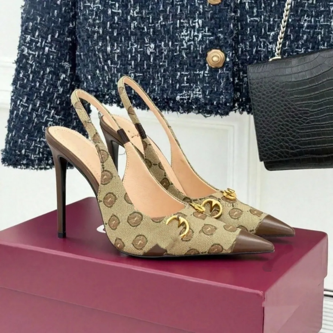 Designer-High-Heels, luxuriöse Damen-Sandalen, Jacquard-Slingback-Stiletto-Absätze, spitze Zehe, Metallschnalle, Abendschuhe