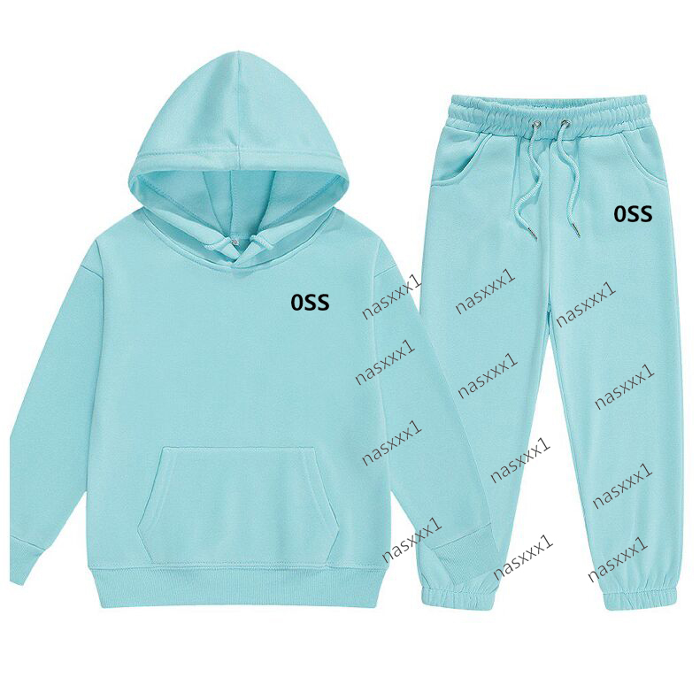 Enfants Printemps Automne Casual Lettre Imprimer Pull à manches longues 2pcs Sweat à capuche Pantalon de jogging Bleu Survêtement Filles Garçons