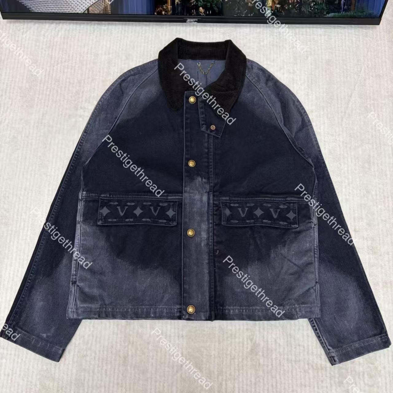 Designer Men's Jackets - High-Quality Gradient Washed Corduroy Collar Flocked Denim Work Jacket with Subtle Sparkle Letter Jacquard Tie-Dye Coa