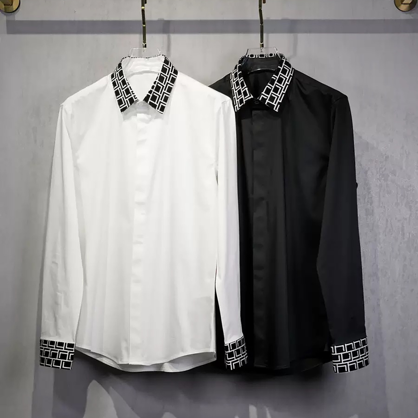 Designer brand clothing, high-quality men's casual shirt, solid color, Chinese style geometric pattern shirt, pointed collar, dark placket, bus