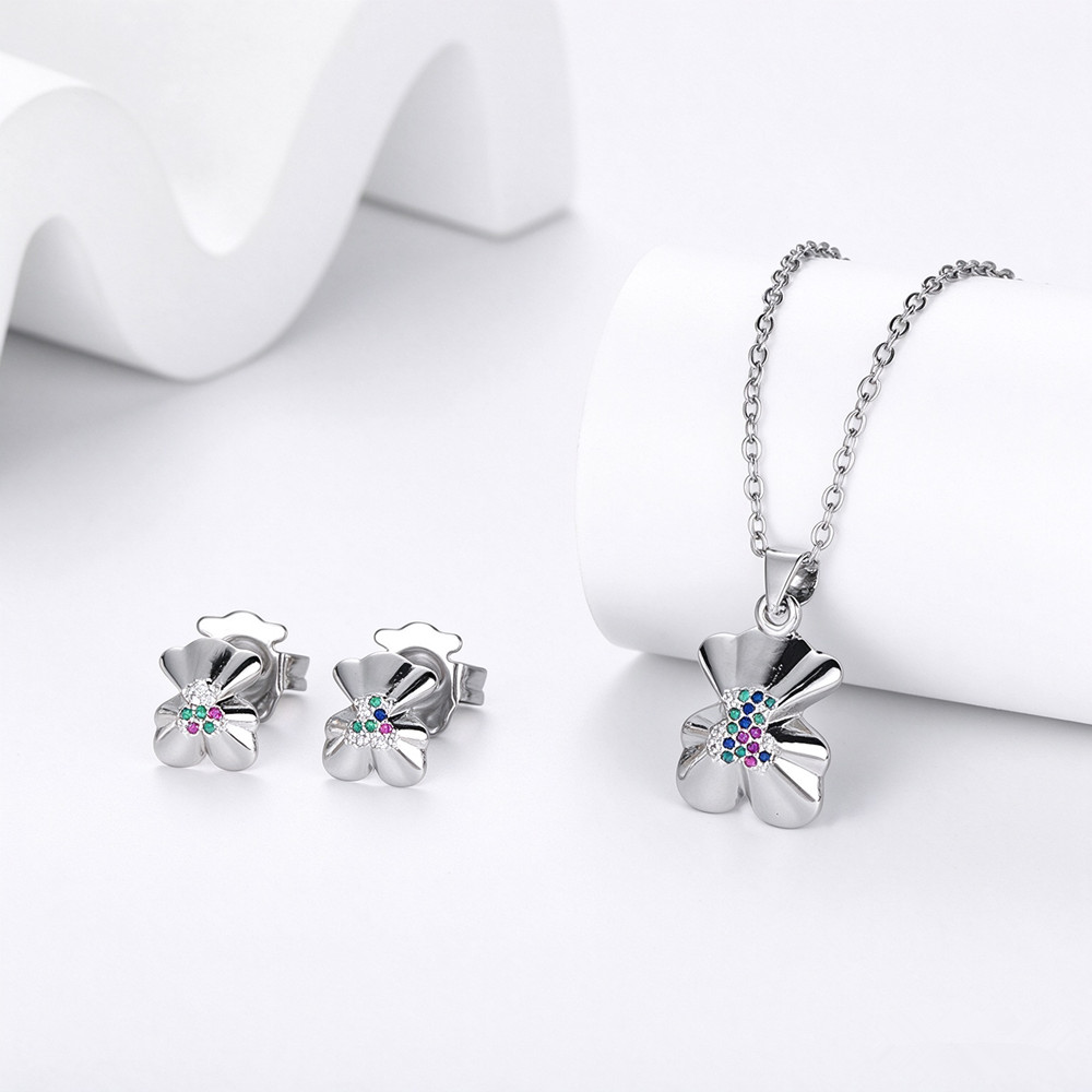 Mode femmes argent or acier inoxydable blanc cuivre Span ours dessin animé Animal Span Zircon lettre chaîne pendentif collier boucles d'oreilles