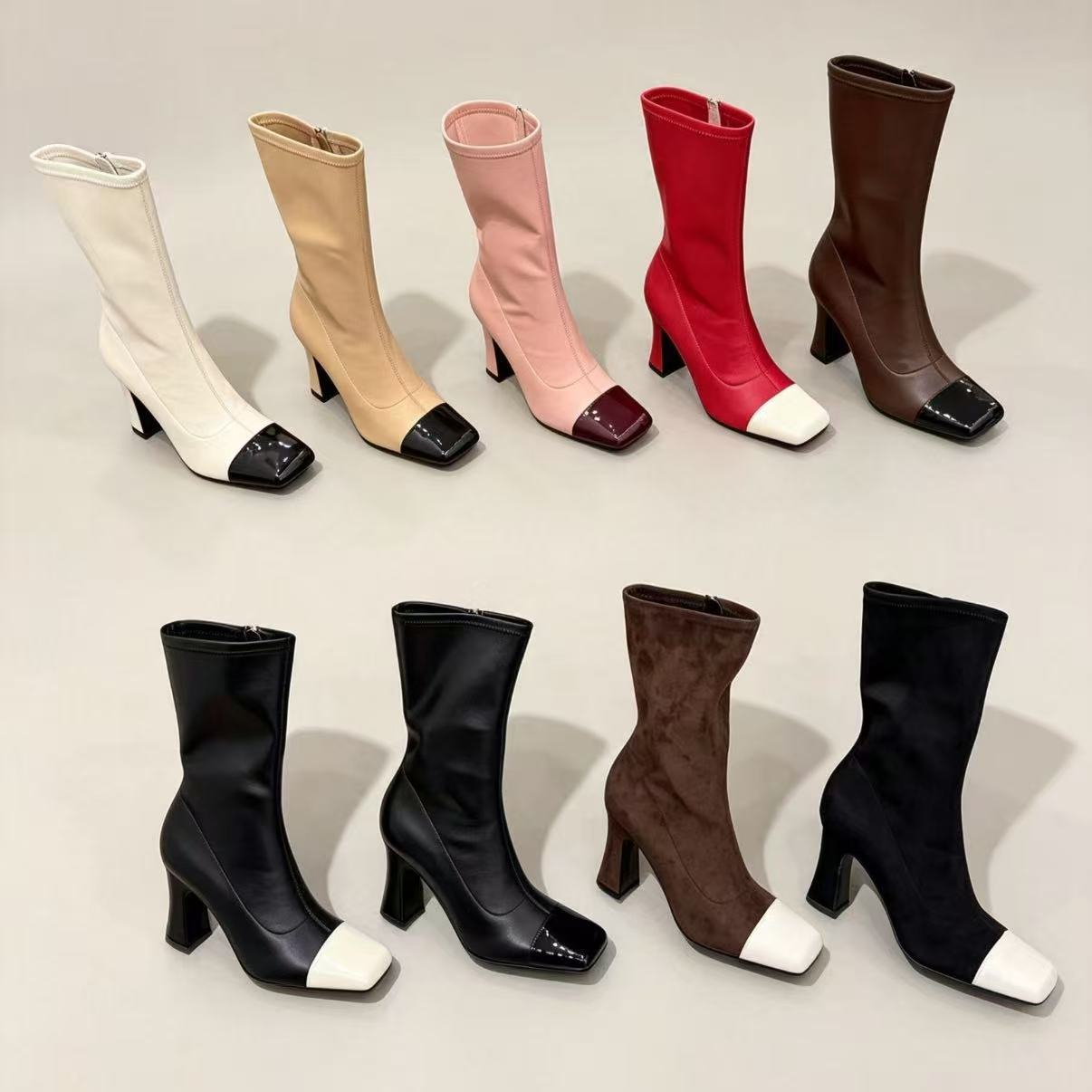 top designer women's shoes two tone square toe knee high stretch boots high quality thick block heel vintage slim tall ladies boots for fashion