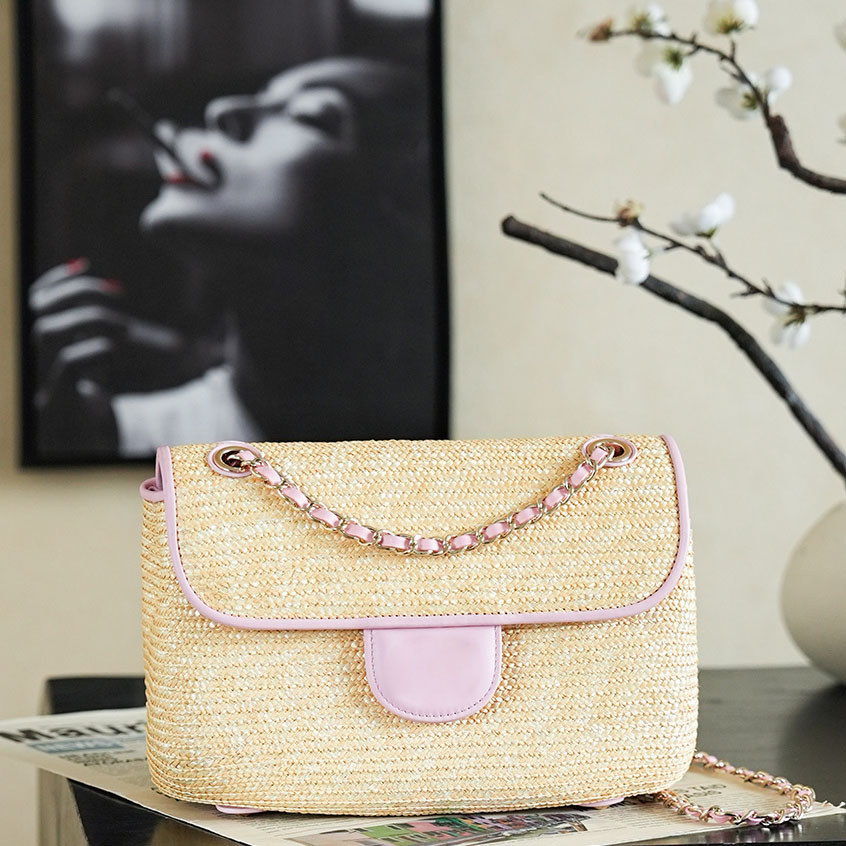 Designer Bag 26C Early Spring Series Raffia Woven Flap Bag Lambskin Trim Chain Shoulder Crossbody Purse For Dating Party Travel