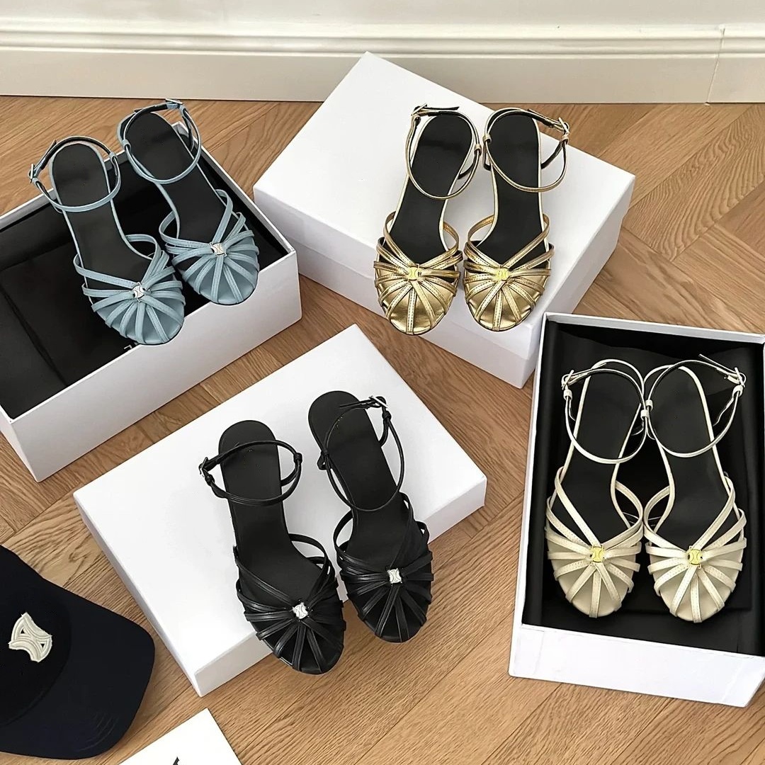 Black white gold triomphes thong Sandal Designer heel womens Leather dress elegant stiletto kitten heel Luxury summer slipper Buckle Gladiator Sanda