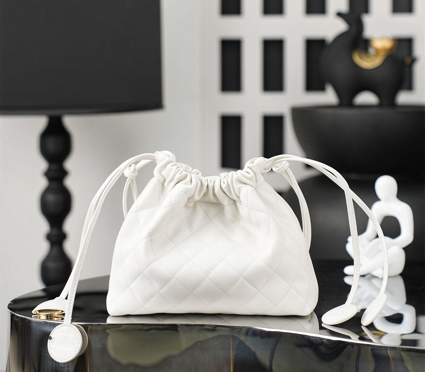 bags 26S Spring Summer Quilted Lambskin Drawstring Bucket Bag for Women, Soft Lucky Pouch Shoulder Crossbody Handbag, Milk White Daily Commute Purse