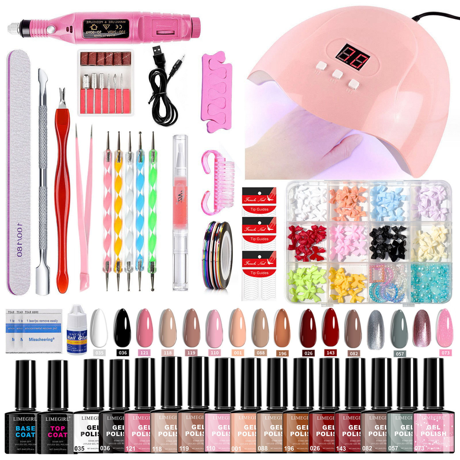 Luxe 2026 Nouveaux kits d'art d'ongle 16 couleurs Accessoires d'art Gel-oeil de chat Lampe de séchage de vernis à ongles Grand ensemble de poudre