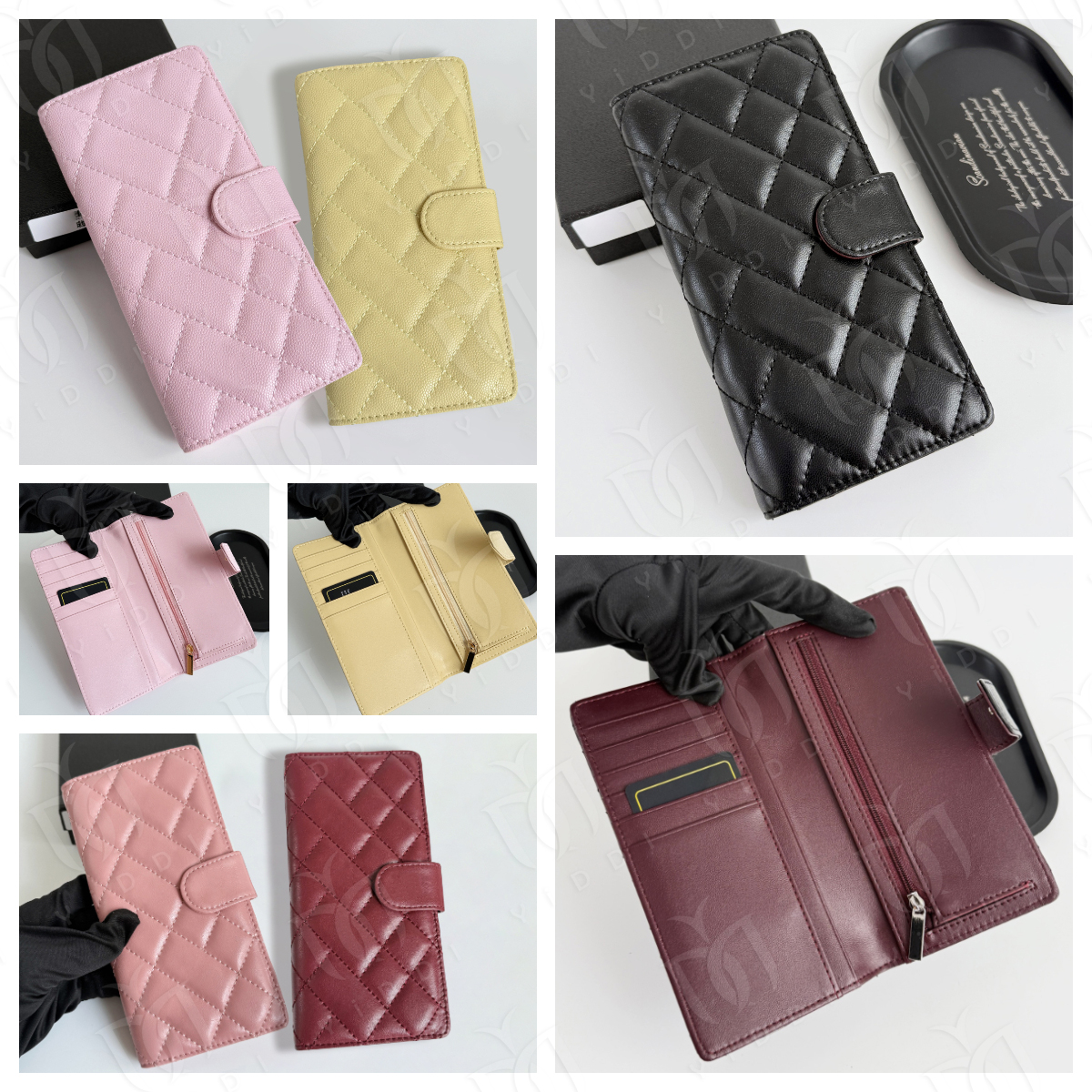 Women Fashion Luxury Caviar Quilted Long Wallet Designer Lambskin Diamond Wallet Multiple Card Slots Long Card Holder Money Clip Button Purse Ladies