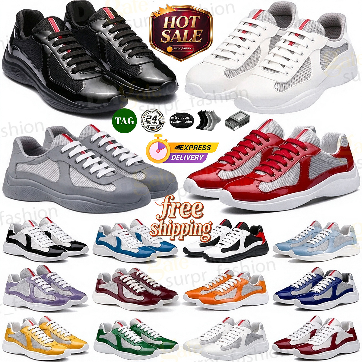 Designer Shoes American cup Sneakers For Mens Womens Low Patent Leather Lace Up Black Green Yellow Red Fashion Round Toe Outdoor Sport Casual Shoe W