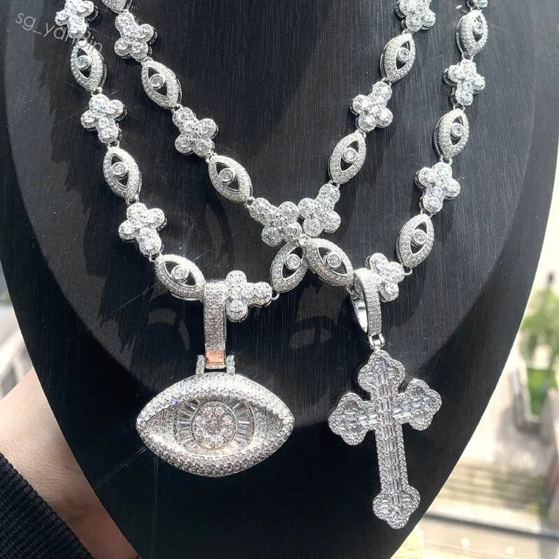 Men's Hip Hop Punk Iced Out Cross Eye Pendant Necklace Cubic Zirconia Full Diamond Chain Hot