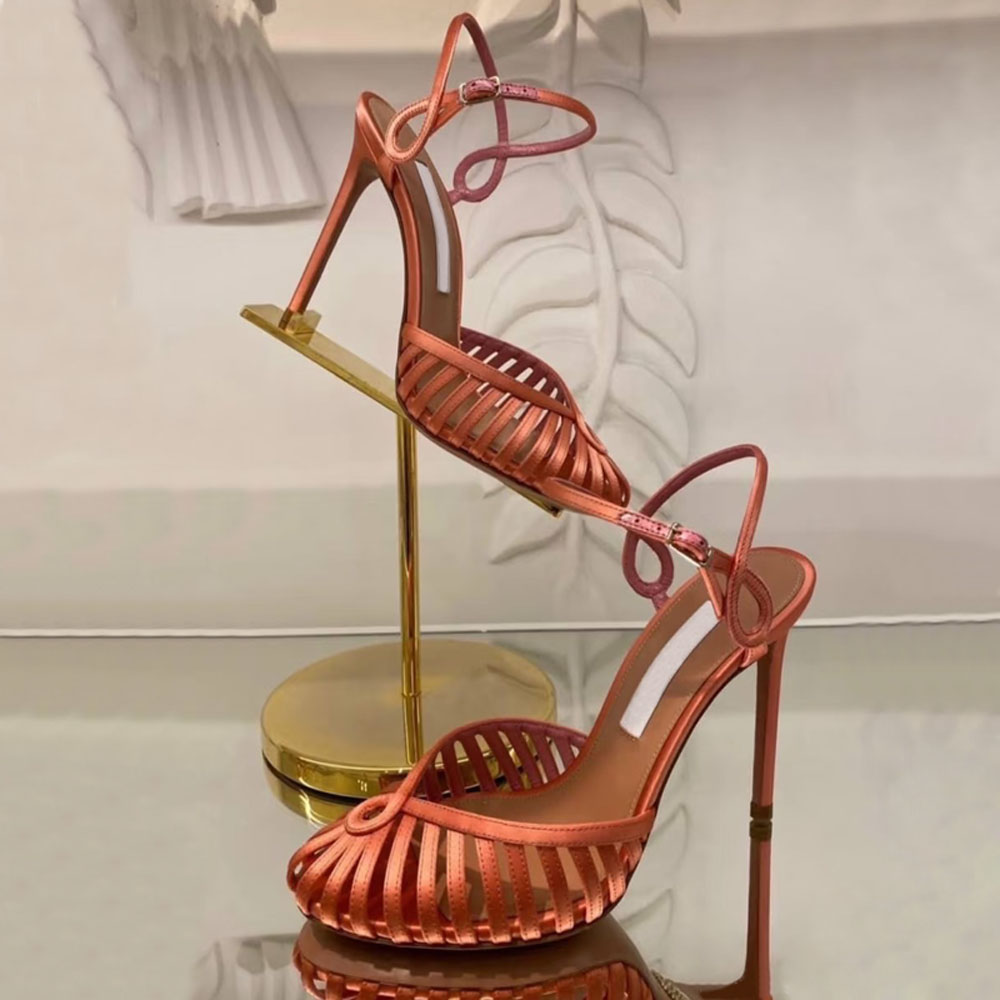 Luxury Designer Rose Gold Woven Cage Sandals Hollow Cutout Caged Round Toe Ankle Strap Stiletto Heels Wedding Banquet Formal Dress High Heels Sizes