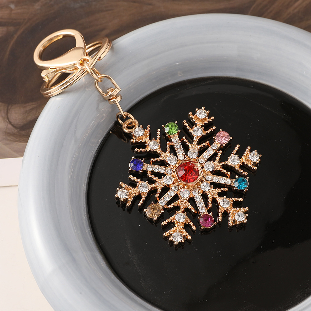 Porte-clés flocon de neige en strass coloré, pendentif festif en métal, accessoire de noël en gros 1024