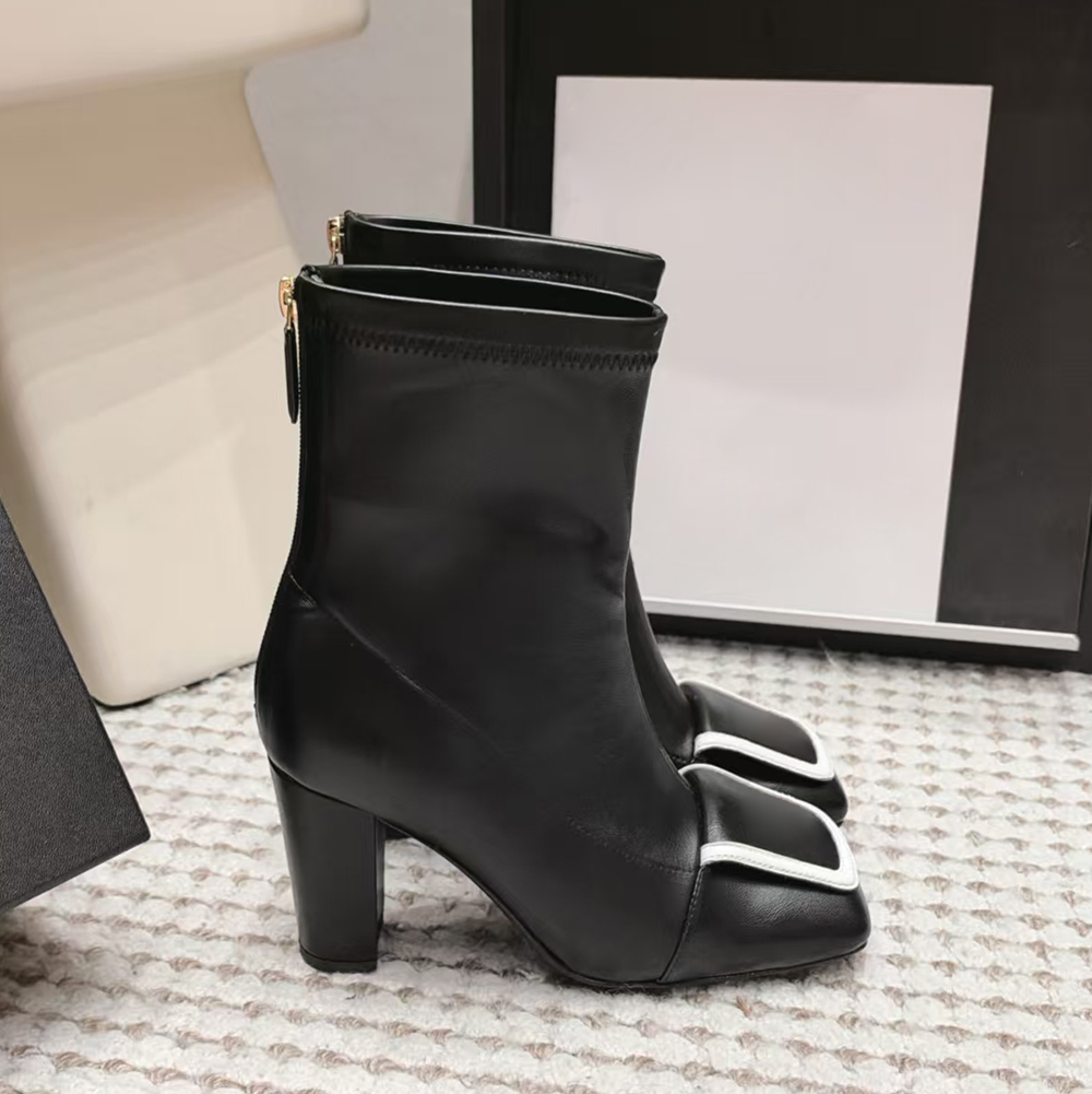 Top Quality Women's Luxury Designer Ankle Boots, Stretch Sheepskin brand button Square toe Chunky Heel Chelsea Fashion Short Boots