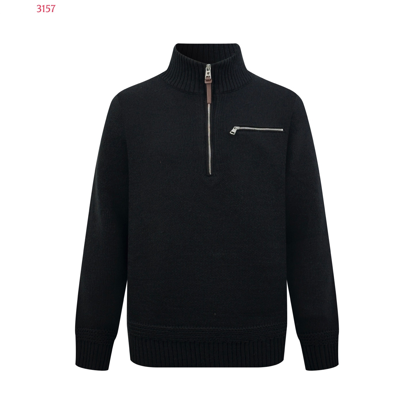 2026 Autumn Winter Sweater Designer Half Zip Wool Cashmere Blend Sweater Men Stand Collar Knit Jumper Leather Zip Pocket Luxury Warm Knitted Pullove