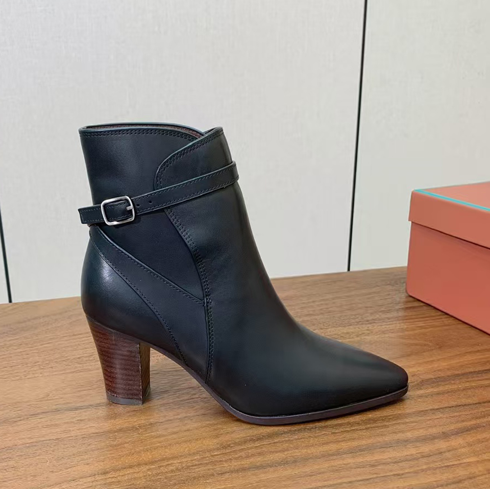 Top Quality Women's Luxury Designer Ankle Boots, Full Grain Cowhide Leather Pointed Toe Chunky Heel Chelsea Fashion Short Boots