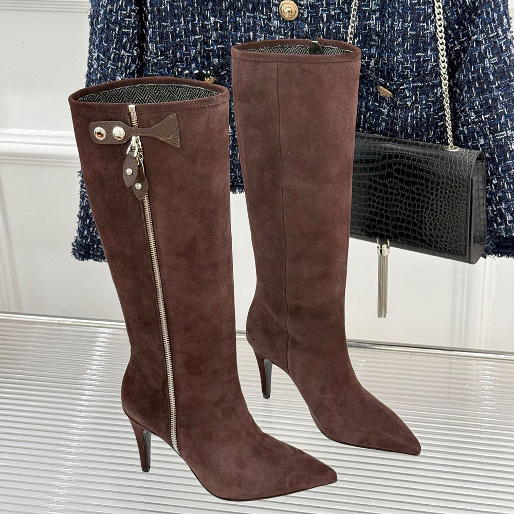 Legacy High Boot Luxury Designer Knee High Boots 1AKY5O Womens Brown Suede Calf Leather Boots Side Two Way Zipper Autumn Winter Boots Height 8cm Lea