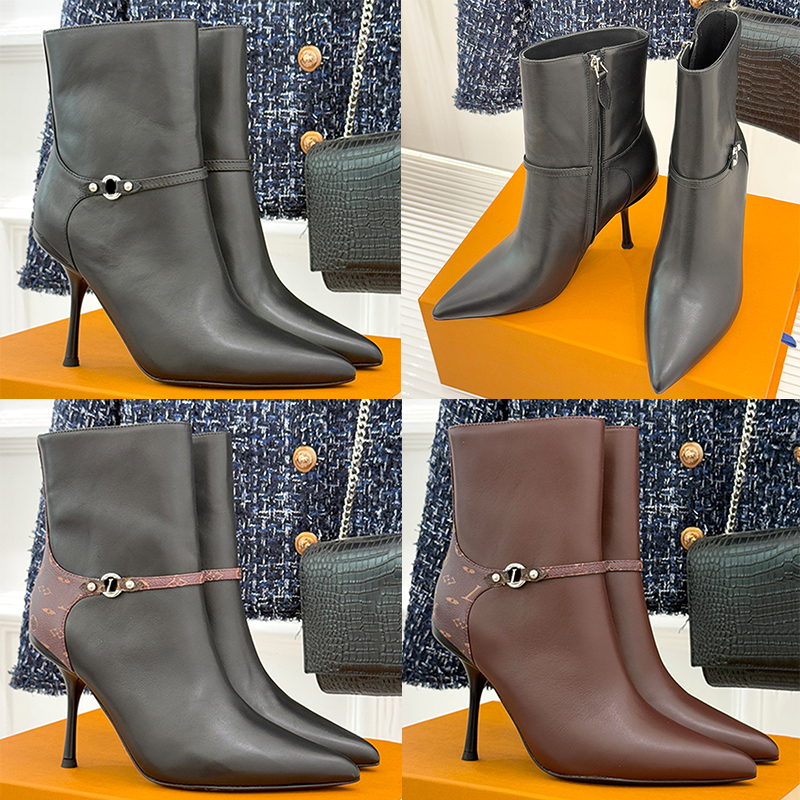 Womens 6Am Ankle Boots Designers Plain Calf Leather Pointed Toe High Curved Heel Ladies Short Boots 1AIUKZ Luxury Side Zip Decorative Strap Booties