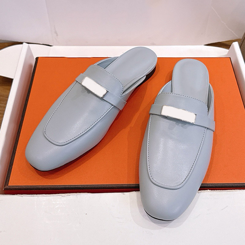 Elegant Daily Street Lazy Slippers Classic Buckle Design Rounded Square Toe Bright Leather Womens Tailless Loafers Fashion Outdoor Casual Slippers